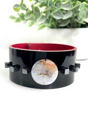 MishaGirl Handmade Black Patent Leather Bracelet: Crystal Agate Bead & Hemetite